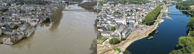 (COMBO) This combination of pictures created on July 10, 2026 shows (L) an aerial view of the flooding in Chalonnes-sur-Loire, western France, on February 17, 2026 and (R) an aerial view of partially dried out areas of the River Loire in Chalonnes-sur-Loire, western France, on July 10, 2026. Western Europe this year experienced its hottest June on record as a searing heatwave swept across a continent facing increasingly frequent and intense heat extremes, the EU's climate monitor said July 9, 2026. Scientists say human-induced climate change is making extreme weather events like heatwaves, droughts and floods more intense, resulting in temperature records being broken more frequently. (Photo by Damien MEYER / AFP)