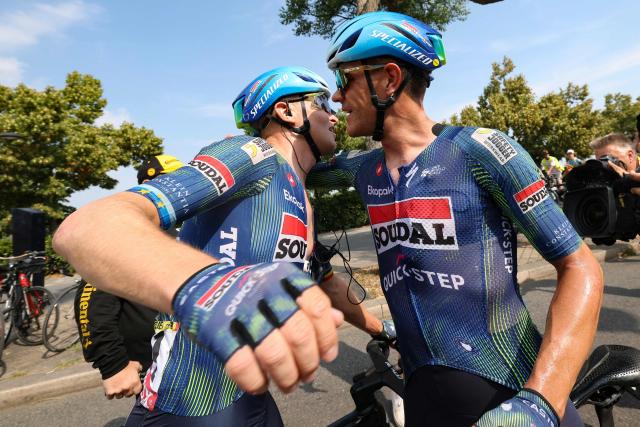 Soudal Quick-Step team's Belgian rider Tim Merlier celebrates after winning the 7th stage of the 113th edition of the Tour de France cycling race, 175 km between Hagetmau and Bordeaux in southwestern France, on July 10, 2026. (Photo by Gonzalo Fuentes / POOL / AFP)