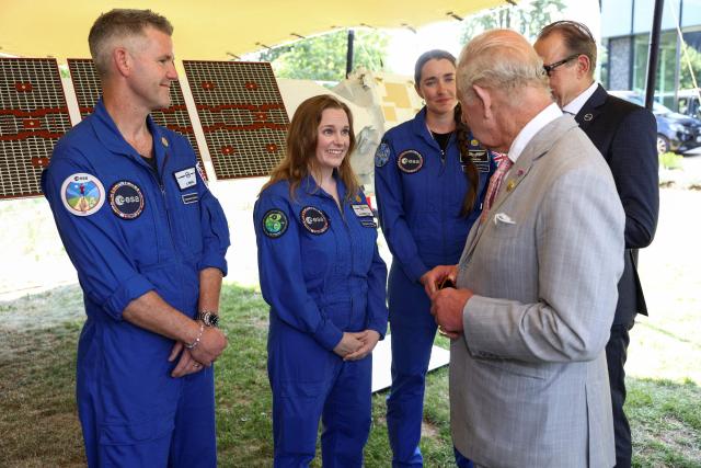 Britain's King Charles III meets British European Space Agency (ESA) astronaut Rosemary Coogan (3R) of Northern Ireland, and ESA Astronaut Reserve members Meganne Christian (C) and John McFall (L), at Harwell Campus, during a visit to Oxford, west of London on July 10, 2026. (Photo by Toby Shepheard / POOL / AFP)