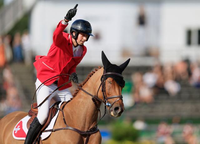 Switzerland's Martin Fuchs competes on the horse "Lorde" in the second round of the Falsterbo Nations Cup 2026 international show jumping event as part of the Falsterbo Horse Show in Falsterbo, Sweden, on July 10, 2026. (Photo by Andreas HILLERGREN / TT News Agency / AFP) / Sweden OUT