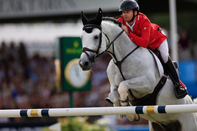 Switzerland's Jason Smith competes on the horse "Picobello Van'T Roosakker" in the second round of the Falsterbo Nations Cup 2026 international show jumping event as part of the Falsterbo Horse Show in Falsterbo, Sweden, on July 10, 2026. (Photo by Andreas HILLERGREN / TT News Agency / AFP) / Sweden OUT