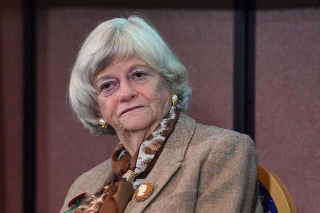 (FILES) Brexit Party MEP Ann Widdecombe sits on stage during an event to launch the Brexit Party general election campaign in London on November 1, 2019. UK police on Friday, July 10, launched a murder probe after a former British politician and ex-prisons minister was found dead in her home with serious injuries. (Photo by Ben STANSALL / AFP)