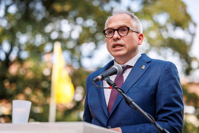 Flemish Minister-President Matthias Diependaele delivers a speech during the celebrations on the eve of the Flemish regional holiday, in Kortrijk on July 10, 2026. (Photo by KURT DESPLENTER / Belga / AFP) / Belgium OUT