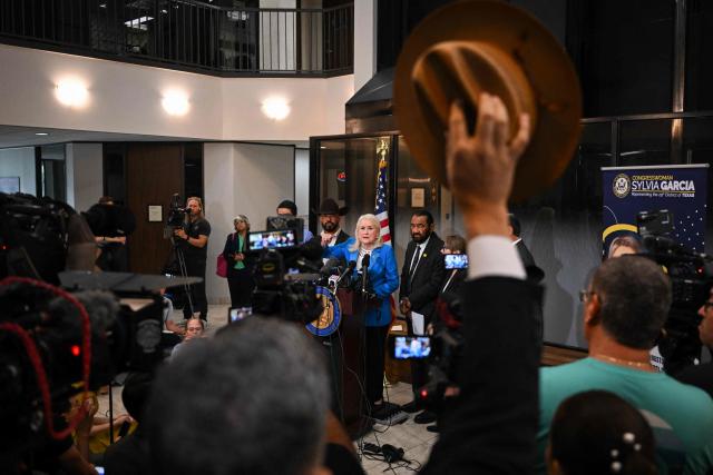 US Representative Slyvia Garcia, Democrat from Texas, speaks during a news conference to discuss the case of Lorenzo Salgado Araujo, in Houston, Texas, on July 10, 2026. Lorenzo Salgado Araujo was killed by an Immigration and Customs Enforcement (ICE) officer in Houston, Texas, early on July 7, marking the first fatal shooting involving US immigration officers since two January killings in the northern city of Minneapolis that drew national headlines. (Photo by RONALDO SCHEMIDT / AFP)