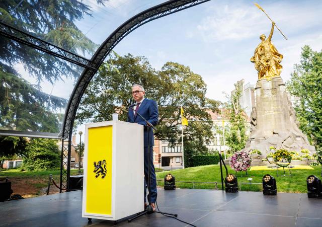 Flemish Minister-President Matthias Diependaele delivers a speech during the celebrations on the eve of the Flemish regional holiday, in Kortrijk on July 10, 2026. (Photo by KURT DESPLENTER / Belga / AFP) / Belgium OUT