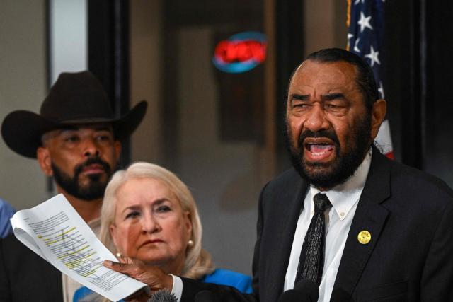 US Representative Al Green (R), Democrat from Texas, speaks alongside US Representative Slyvia Garcia (C), Democrat from Texas, and attorney Hugo Balderas-Ibarra (C) during a news conference to discuss the case of Lorenzo Salgado Araujo, in Houston, Texas, on July 10, 2026. Lorenzo Salgado Araujo was killed by an Immigration and Customs Enforcement (ICE) officer in Houston, Texas, early on July 7, marking the first fatal shooting involving US immigration officers since two January killings in the northern city of Minneapolis that drew national headlines. (Photo by RONALDO SCHEMIDT / AFP)
