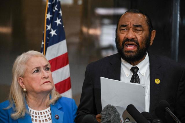 US Representative Al Green (R), Democrat from Texas, speaks alongside US Representative Slyvia Garcia (L), Democrat from Texas, during a news conference to discuss the case of Lorenzo Salgado Araujo, in Houston, Texas, on July 10, 2026. Lorenzo Salgado Araujo was killed by an Immigration and Customs Enforcement (ICE) officer in Houston, Texas, early on July 7, marking the first fatal shooting involving US immigration officers since two January killings in the northern city of Minneapolis that drew national headlines. (Photo by RONALDO SCHEMIDT / AFP)