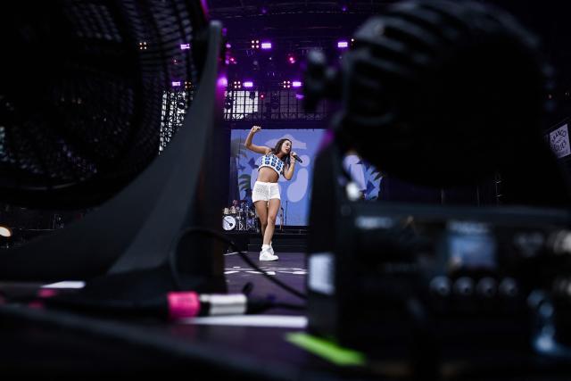 French-Brazilian singer Luiza performs on stage on the opening day of the 42nd Francofolies music festival in La Rochelle, western France, on July 10, 2026, as France endures a heatwave. (Photo by Philippe LOPEZ / AFP)