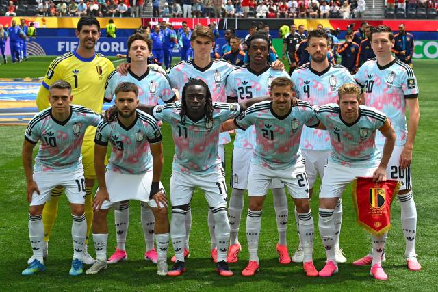 Belgium's players pose for a team photo ahead of the 2026 World Cup football tournament quarter-final match between Spain and Belgium at the Los Angeles Stadium in Inglewood on July 10, 2026.  (Photo by Patrick T. Fallon / AFP)