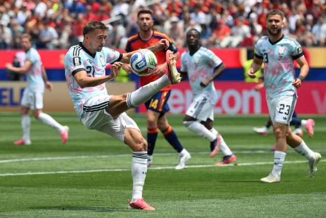Belgium's defender #21 Timothy Castagne controls the ball during the 2026 World Cup football tournament quarter-final match between Spain and Belgium at the Los Angeles Stadium in Inglewood on July 10, 2026.  (Photo by Patrick T. Fallon / AFP)