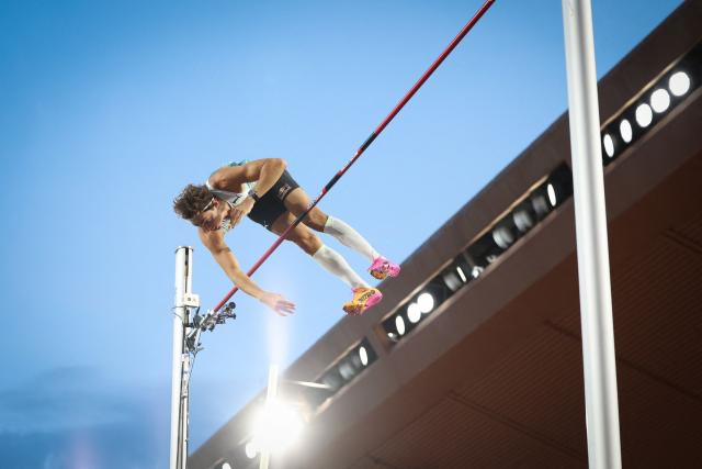 Sweden's Armand Duplantis clears the bar as he competes in the men's Pole Vault during the Herculis athletics meeting at the Stade Louis II in Monaco on July 10, 2026. (Photo by Valery HACHE / AFP)