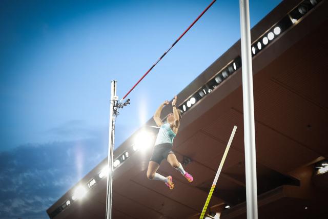 Sweden's Armand Duplantis clears the bar as he competes in the men's Pole Vault during the Herculis athletics meeting at the Stade Louis II in Monaco on July 10, 2026. (Photo by Valery HACHE / AFP)