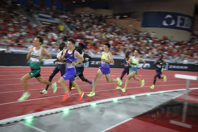 Atheletes compete in the men's 5000m during the Diamond League athletics meeting at the Stade Louis II in Monaco on July 10, 2026. (Photo by Valery HACHE / AFP)