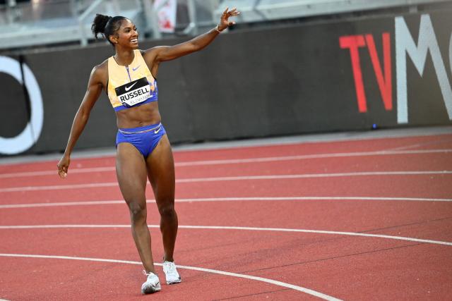 US' Masai Russell celebrates after winning the women's 100m Hurdles during the Diamond League athletics meeting at the Stade Louis II in Monaco on July 10, 2026. (Photo by Frederic DIDES / AFP)