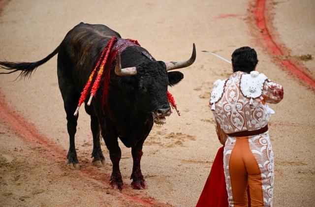 EDITORS NOTE: Graphic content / Spanish bullfighter Morante de la Puebla prepares to kill an Alvaro Nunez bull during a bullfight at the San Fermin festival in Pamplona, northern Spain, on July 10, 2026. (Photo by ANDER GILLENEA / AFP)