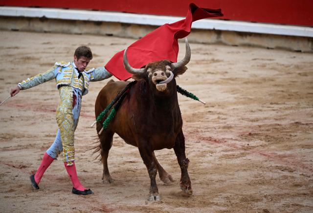 Spanish bullfighter Borja Jimenez performs a pass with an Alvaro Nunez bull during a bullfight at the San Fermin festival in Pamplona, northern Spain, on July 10, 2026. (Photo by ANDER GILLENEA / AFP)