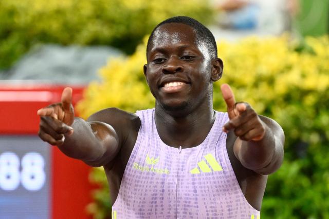 Jamaica's Oblique Seville celebrates after winning the men's 100m during the Diamond League athletics meeting at the Stade Louis II in Monaco on July 10, 2026. (Photo by Frederic DIDES / AFP)