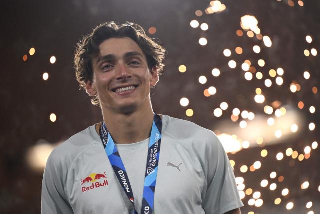 Sweden's Armand Duplantis stands on the podium with his medal at the end of the Diamond League athletics meeting at the Stade Louis II in Monaco on July 10, 2026. (Photo by Frederic DIDES / AFP)
