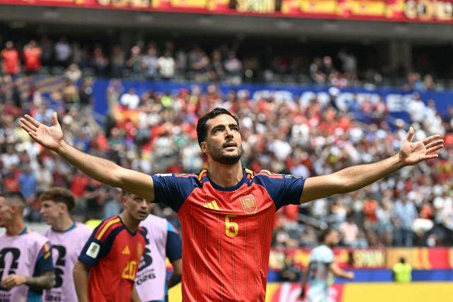 TOPSHOT - Spain's midfielder #06 Mikel Merino celebrates scoring his team's second goal during the 2026 World Cup football tournament quarter-final match between Spain and Belgium at the Los Angeles Stadium in Inglewood on July 10, 2026.  (Photo by Paul ELLIS / AFP)
