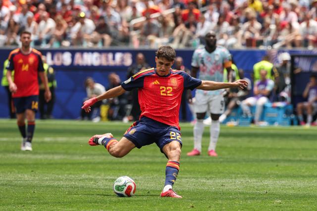 Spain's defender #22 Pau Cubarsi kicks the ball during the 2026 World Cup football tournament quarter-final match between Spain and Belgium at the Los Angeles Stadium in Inglewood on July 10, 2026.  (Photo by ETIENNE LAURENT / AFP)