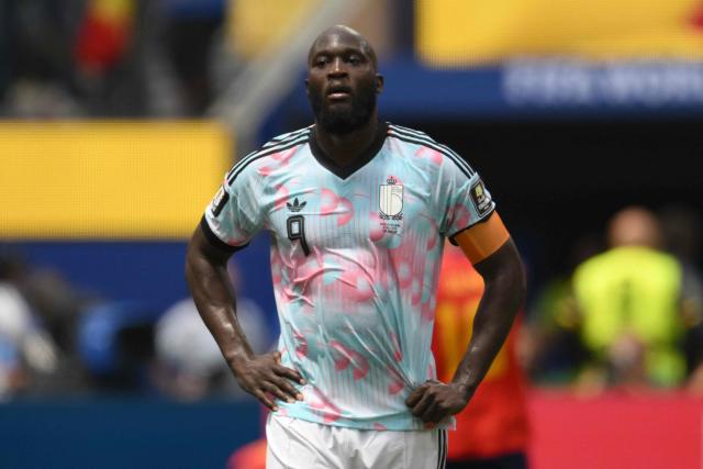 Belgium's forward #09 Romelu Lukaku reacts after losing the 2026 World Cup football tournament quarter-final match between Spain and Belgium at the Los Angeles Stadium in Inglewood on July 10, 2026.  (Photo by Patrick T. Fallon / AFP)