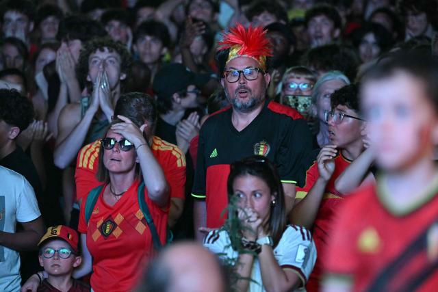 Fans react after Spain's second goal at a fan zone watch party of the 2026 World Cup quarter final football match between Spain and Belgium in Uccle near Brussels on July 10, 2026. (Photo by NICOLAS TUCAT / AFP)