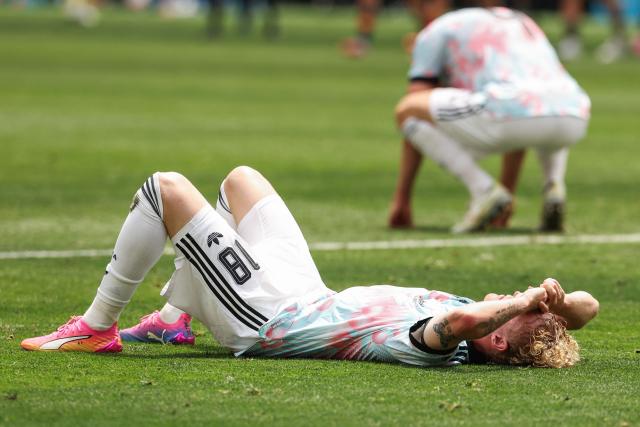 Belgium's defender #18 Joaquin Seys reacts after losing the 2026 World Cup football tournament quarter-final match between Spain and Belgium at the Los Angeles Stadium in Inglewood on July 10, 2026.  (Photo by ETIENNE LAURENT / AFP)