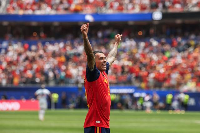 Spain's defender #12 Pedro Porro celebrates after winning the 2026 World Cup football tournament quarter-final match between Spain and Belgium at the Los Angeles Stadium in Inglewood on July 10, 2026.  (Photo by ETIENNE LAURENT / AFP)