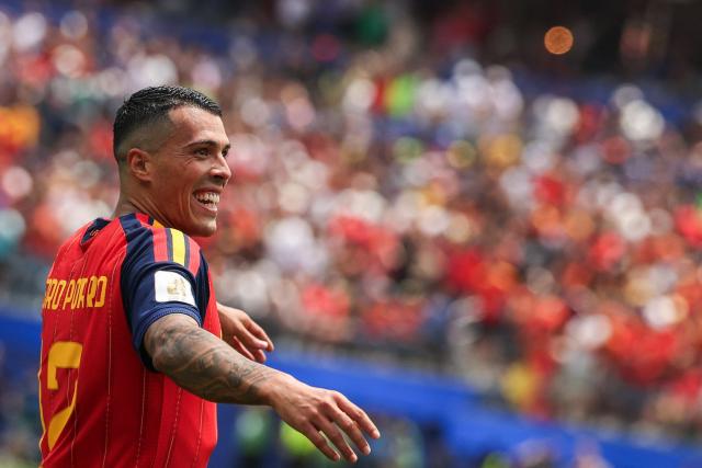 Spain's defender #12 Pedro Porro celebrates after winning the 2026 World Cup football tournament quarter-final match between Spain and Belgium at the Los Angeles Stadium in Inglewood on July 10, 2026.  (Photo by ETIENNE LAURENT / AFP)