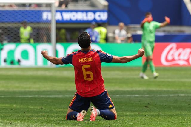 Spain's midfielder #06 Mikel Merino celebrates after winning the 2026 World Cup football tournament quarter-final match between Spain and Belgium at the Los Angeles Stadium in Inglewood on July 10, 2026.  (Photo by ETIENNE LAURENT / AFP)