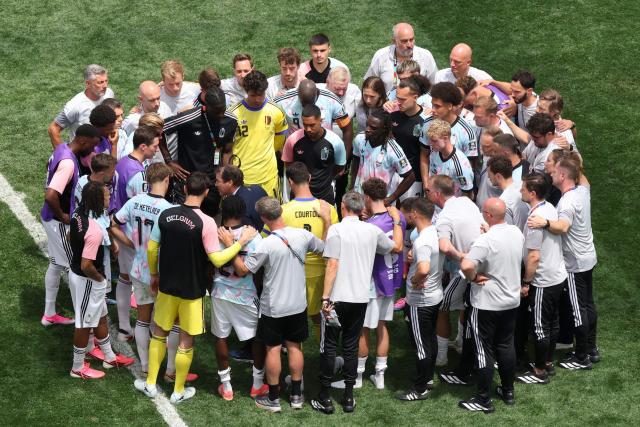 Belgium's players gather in a cirlce after losing the 2026 World Cup football tournament quarter-final match between Spain and Belgium at the Los Angeles Stadium in Inglewood on July 10, 2026.  (Photo by VALERIE MACON / AFP)