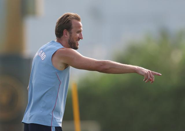 England's forward #09 Harry Kane gestures during a training session on the eve of the 2026 World Cup quarter-final football match between Norway and England, Inter Miami CF Stadium in Fort Lauderdale on July 10, 2026. (Photo by PATRICIA DE MELO MOREIRA / AFP)