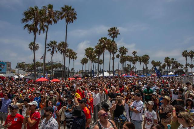 Fans attend a watch party for the World Cup quarterfinal match between Spain and Belgium at the Venice Beach FIFA Fan Festival in Venice, California, on July 10, 2026. (Photo by Apu GOMES / AFP)