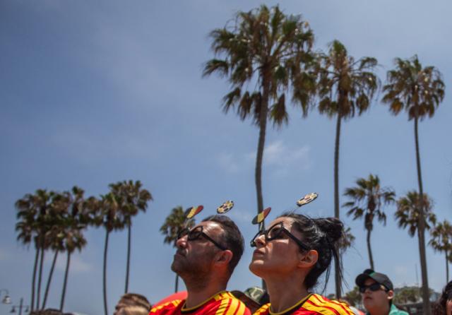 Belgium fans react as they attend a watch party for the World Cup quarterfinal match between Spain and Belgium at the Venice Beach FIFA Fan Festival in Venice, California, on July 10, 2026. (Photo by Apu GOMES / AFP)