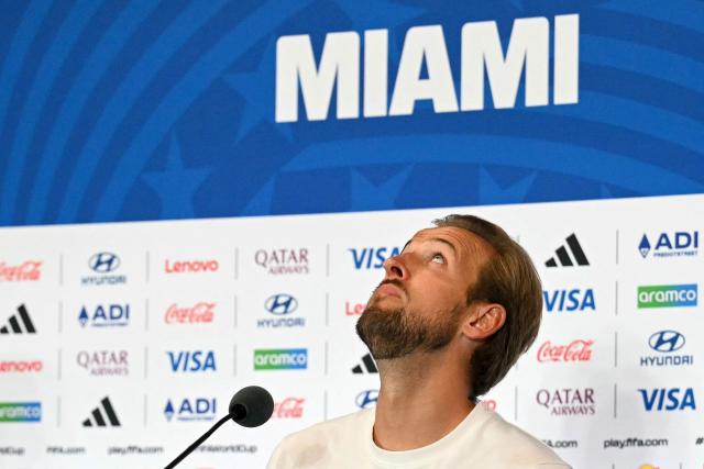 England's forward #09 Harry Kane looks up as he gives an MD-1 press conference at Miami Stadium in Miami on July 10, 2026, on the eve of the 2026 World Cup football tournament quarter-final match between Norway and England. (Photo by CHANDAN KHANNA / AFP)