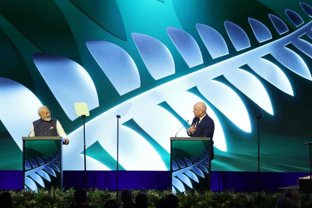 Indian Prime Minister Narendra Modi (L) and New Zealand Prime Minister Christopher Luxon (R) attend the Winning Partnership Celebration in Auckland on July 11, 2026. (Photo by Michael Bradley / POOL / AFP)