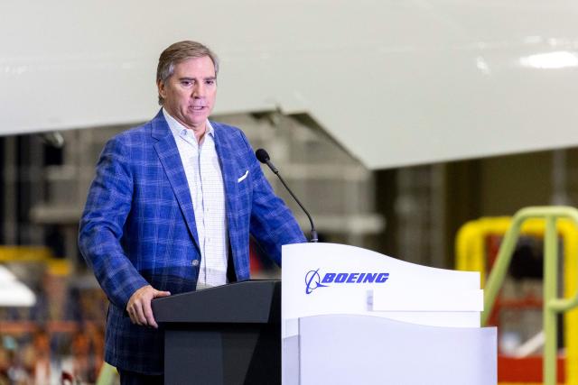 Mike Fleming, senior vice president of Airplane Programs and Customer Service of Boeing Commercial Airplanes, speaks during the opening of the company's new North Line assembly line, which will produce the 737 MAX aircraft, at the Boeing Everett Factory in Everett, Washington, on July 10, 2026. Boeing will mark another step in a marathon comeback July 10, when it commemorates expanded production of the 737 MAX, now an aircraft in heavy demand after earlier disasters tarnished the company's reputation. Boeing has big plans for the North Line, envisioning a production cadence comparable to that in Renton, 35 miles to the south, which until this week was the exclusive home of MAX assembly. (Photo by Jason Redmond / AFP)