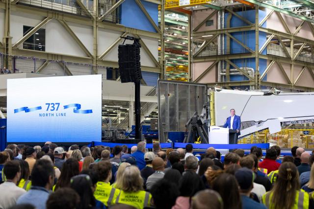Mike Fleming, senior vice president of Airplane Programs and Customer Service of Boeing Commercial Airplanes, speaks during the opening of the company's new North Line assembly line, which will produce the 737 MAX aircraft, at the Boeing Everett Factory in Everett, Washington, on July 10, 2026. Boeing will mark another step in a marathon comeback July 10, when it commemorates expanded production of the 737 MAX, now an aircraft in heavy demand after earlier disasters tarnished the company's reputation. Boeing has big plans for the North Line, envisioning a production cadence comparable to that in Renton, 35 miles to the south, which until this week was the exclusive home of MAX assembly. (Photo by Jason Redmond / AFP)