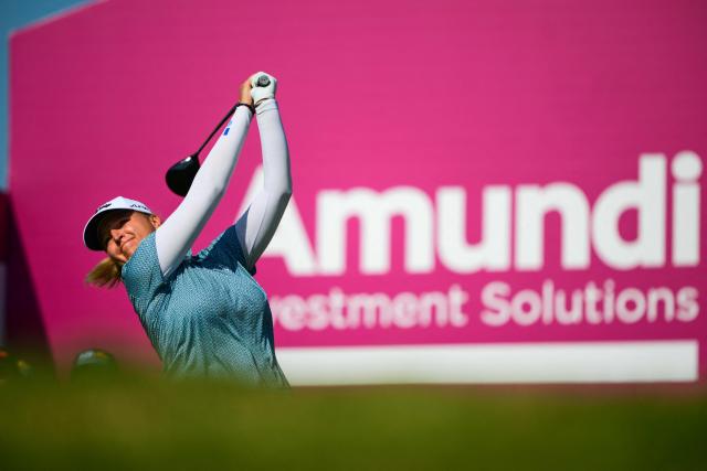 France's Perrine Delacour competes during the third round of the Amundi Evian Championship at Evian Resort Golf Club, in Evian-Les-Bains, central-eastern France on July 11, 2026. (Photo by OLIVIER CHASSIGNOLE / AFP)