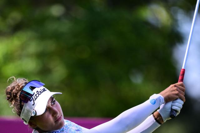 France's Nastasia Nadaud competes during the third round of the Amundi Evian Championship at Evian Resort Golf Club, in Evian-Les-Bains, central-eastern France on July 11, 2026. (Photo by OLIVIER CHASSIGNOLE / AFP)