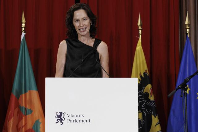 President of the Flemish parliament Freya Van den Bossche delivers a speech during a reception at the Brussels' City Hall, part of the celebrations on the occasion of the Flemish regional holiday, on July 11, 2026. (Photo by NICOLAS MAETERLINCK / Belga / AFP) / Belgium OUT