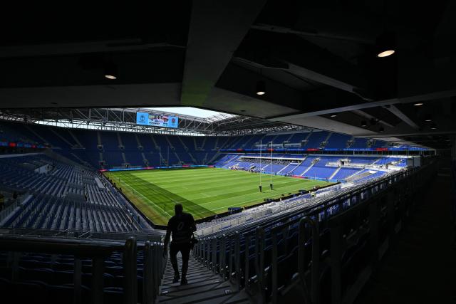 Rugby posts are pictured on the pitch ahead of the Rugby Union Nations Championship match between Fiji and England at Hill Dickinson Stadium in Liverpool on July 11, 2026. (Photo by Oli SCARFF / AFP)