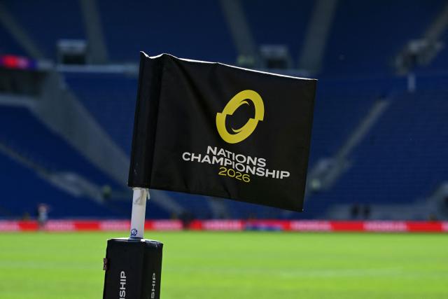 A Nations Championship 2026 logo is pictured on a flag ahead of the Rugby Union Nations Championship match between Fiji and England at Hill Dickinson Stadium in Liverpool on July 11, 2026. (Photo by Oli SCARFF / AFP)
