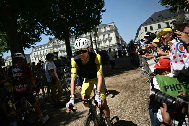 UAE Team Emirates - XRG's Slovenian rider Tadej Pogacar wearing the overall leader's yellow jersey awaits the start of the 8th stage of the 113th edition of the Tour de France cycling race, 182 km between Périgueux and Bergerac in southwestern France, on July 11, 2026. (Photo by Loic VENANCE / AFP)