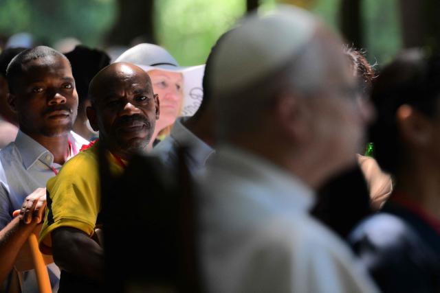 Pope Leo XIV attends the event "Lunch with the Pope" with around 200 socially vulnerable people from the Diocese of Rome, at Borgo Laudato Si' in the Pontifical Gardens of Castel Gandolfo, on July 11, 2026. (Photo by Tiziana FABI / AFP)