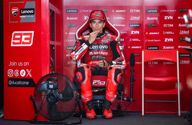 Ducati Lenovo Team's Spanish MotoGP rider Marc Marquez prepares for the free practice session at the Sachsenring race track in Hohenstein-Ernstthal near Chemnitz, eastern Germany, on July 11, 2026, ahead of the German Motorcycle MotoGP Grand Prix. (Photo by Ronny HARTMANN / AFP)