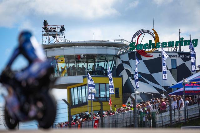 A general view of the race track during the free practice session of the MotoGP German motorcycle Grand Prix at the Sachsenring racing circuit, in Hohenstein-Ernstthal near Chemnitz, eastern Germany on July 11, 2026. (Photo by Ronny HARTMANN / AFP)