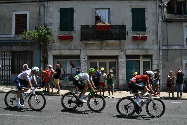 TotalEnergies team's French rider Thibault Guernalec, Caja Rural - Seguros RGA team's Czech rider Jakub Otruba and Lotto Intermarché team's Belgian rider Liam Slock cycle in a breakaway during the 8th stage of the 113th edition of the Tour de France cycling race, 180,4 km between Perigueux and Bergerac in southwestern France, on July 11, 2026. (Photo by Jeff PACHOUD / AFP)