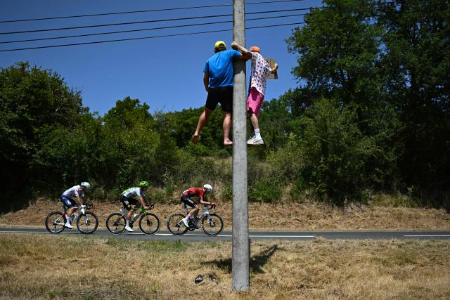 TotalEnergies team's French rider Thibault Guernalec, Caja Rural - Seguros RGA team's Czech rider Jakub Otruba and Lotto Intermarché team's Belgian rider Liam Slock cycle in a breakaway during the 8th stage of the 113th edition of the Tour de France cycling race, 180,4 km between Perigueux and Bergerac in southwestern France, on July 11, 2026. (Photo by Jeff PACHOUD / AFP)