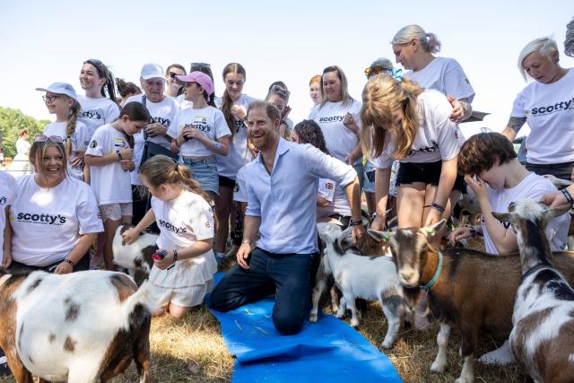 Britain's Prince Harry, Duke of Sussex, reacts as he takes part in a 'Goat Yoga' class as he attends 'Scotty's Summer Festival' at Maxstoke Castle near Birmingham, central England on July 11, 2026. (Photo by Heathcliff O'MALLEY / POOL / AFP)